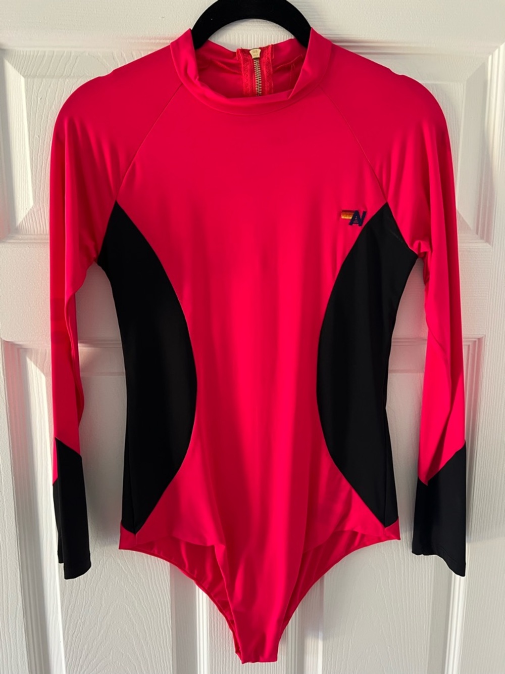 Aviator Nation Rash Guard Bodysuit Neon Pink Black Long Sleeve Zip Size Large